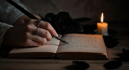 Hand writing in book with quill by candlelight