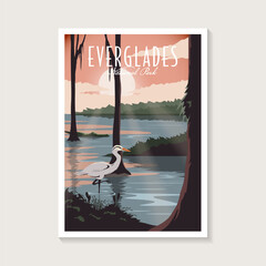 Everglades National Park poster illustration, Beautiful Swamp scenery with stork and alligator poster design