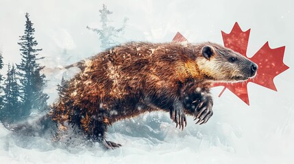 Obraz premium Canadian Beaver Leaping Through Winter Wonderland