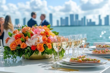 Exclusive event showcasing luxury yacht experience with elegant dining and city backdrop