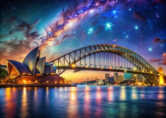 Naklejka premium Surreal Nightscape of Sydney Harbour Bridge Illuminated Against a Dreamlike Skyline with the Opera House, Capturing a Magical Urban Fantasy Atmosphere