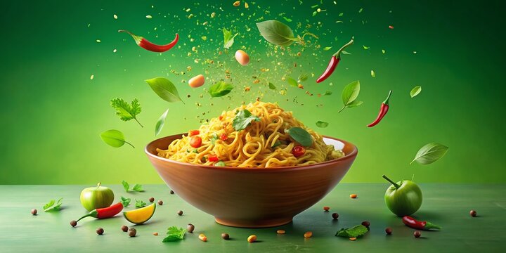 Surreal Plain Masala Maggi in a Bowl Surrounded by Dreamy Green Background for Imaginative Food Photography