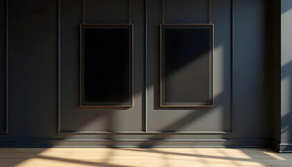 3D balack blank poster banner frame mockup in wall