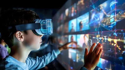 Young boy uses a VR headset to interact with a digital world, exploring its immersive possibilities.