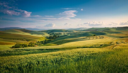 Panoramic view of rolling green hills under a vast blue sky