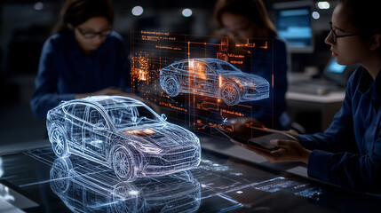 group of engineers working on automotive design with holographic display