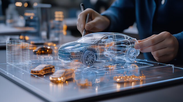 3D car model design in automotive studio, showcasing engineering creativity