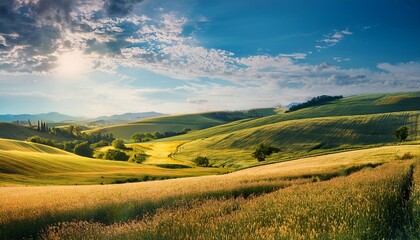 Obraz premium Green meadow stretches towards distant mountains under a cloudy sky