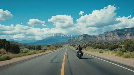 Riding a motorcycle along a scenic highway under a bright blue sky