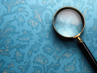 Magnifier lies on a wooden background with a place for inscription. magnifying glass