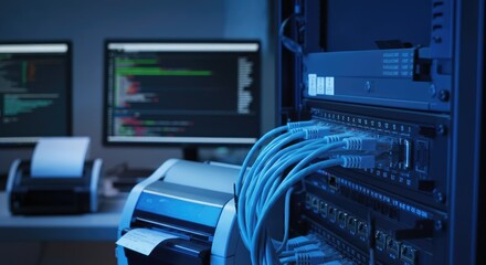 Fototapeta premium Server room with network cables, computer screens, and devices in dimly lit environment