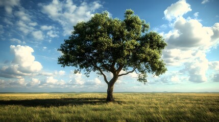 Obraz premium Lone tree standing majestically in a sunlit grassy field.