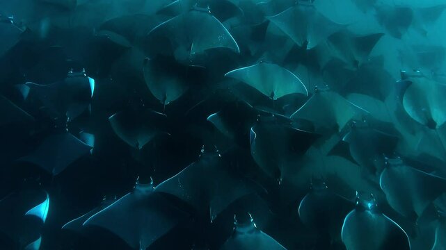 A close-up of a school of Mobula rays swimming gracefully in Mexican waters. Check my portfolio for more Mobula ray footage.
