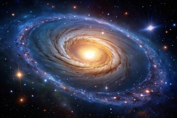 Obraz premium Surreal Spiral Galaxy with Bright Central Stars and Glowing Small Planet in Deep Black Space, Capturing Cosmic Mystery and Wonder of the Universe