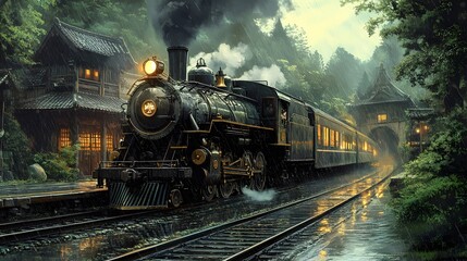 Obraz premium A vintage black steam locomotive in the rain amidst lush greenery.