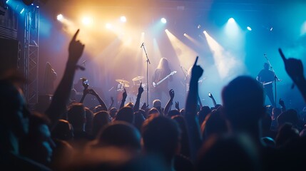 Fototapeta premium Captivating concert scene: a rock band plays to a vibrant and enthusiastic crowd.