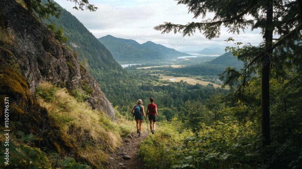 Poster two hikers walk along a mountain trail with stunning views of a valley below. the trail is surrounde