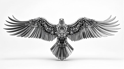 Obraz premium Futuristic metallic eagle with geometric wings spread against white background
