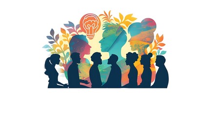 Fototapeta premium Diverse individuals engage in creative thought process with glowing lightbulb for symbolizing innovation amidst colorful floral backdrop artistic teamwork concept.