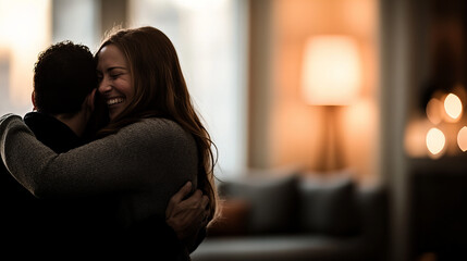 Playful moment shared between a tall person and shorter friend indoors during a cozy evening gathering