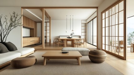 Fototapeta premium A modern Japanese living room with a minimalist design, neutral colors, and natural wooden furniture
