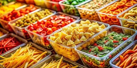 Fototapeta premium Tilt-Shift Photography of Pasta Varieties on a Grocery Shelf Featuring Spaghetti, Fusilli, and Lasagna Packaged with Delicious Sauces for Culinary Inspiration