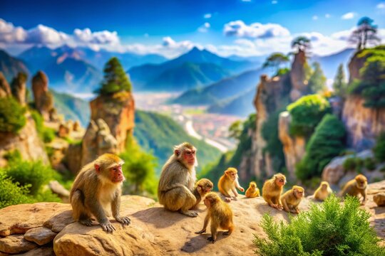 Tilt-Shift Photography of Mountain Terrain Featuring Barbary Macaques in a Primate Exhibit with Watercolor Style Aesthetic for Nature and Wildlife Enthusiasts