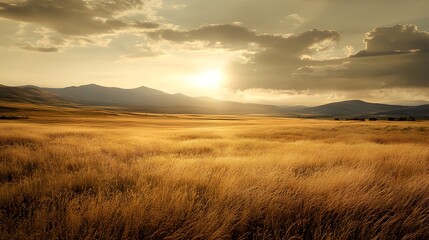 Golden sunset over a serene field with mountains in the distance.