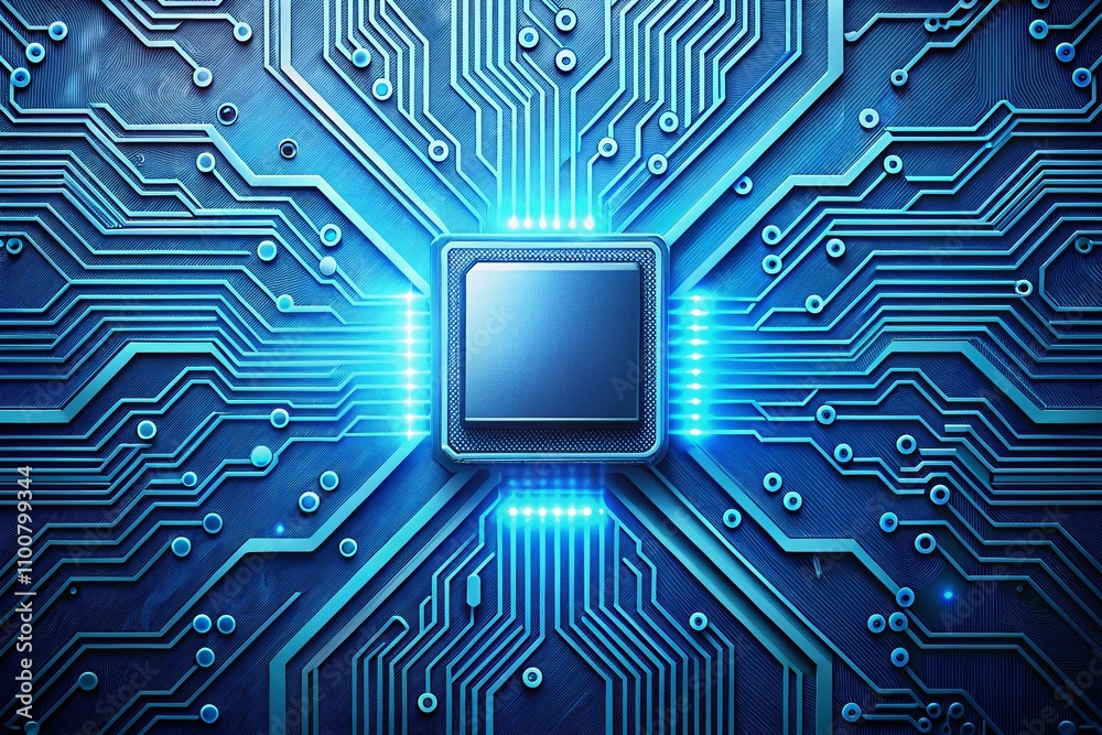 Poster top view of a light blue ai chip on a technology-themed background featuring abstract circuit board 