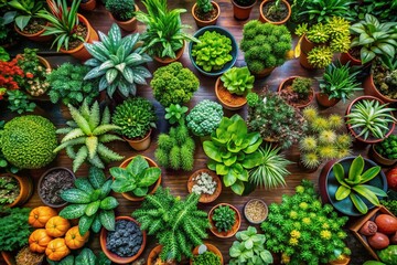 Fototapeta premium Top View of Lush Green Plants in Pots at a Vibrant Tree Shop, Showcasing a Variety of Plant Species and Their Unique Textures and Colors for Botanical Enthusiasts