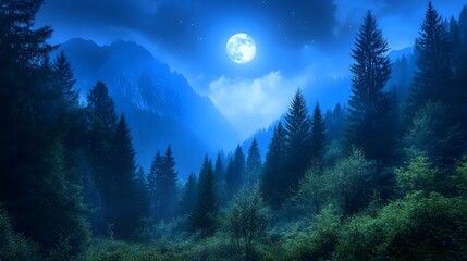 A serene night scene of a forest illuminated by a bright full moon.