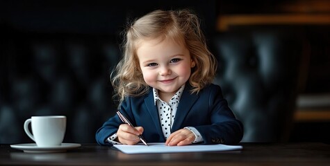 A little girl dressed in business attire sits at the table, smiling and writing on paper with a pen