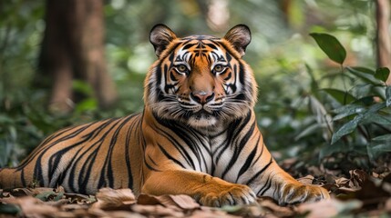 Obraz premium Majestic tiger lying in lush forest, intense gaze.