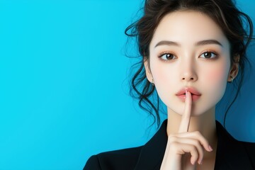 人差し指を唇に当てているスーツ姿の若い日本人女性