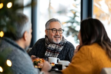 A group of family members sitting in the living room, chatting and relaxing after their Thanksgiving meal, Generative AI