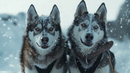 Naklejka premium Huskies enjoying a snowy day during a winter adventure in the mountains while patiently waiting for their next run