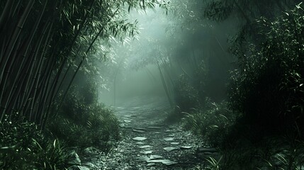 Obraz premium Mysterious bamboo forest pathway shrouded in mist.