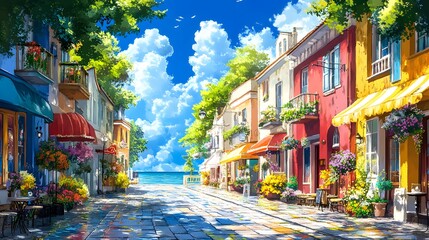 Naklejka premium Colorful seaside street with vibrant buildings and blooming flowers under a bright sky.