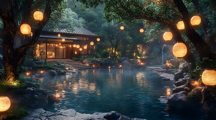 Obraz premium Enchanting illuminated garden with lanterns and a serene pond at twilight.