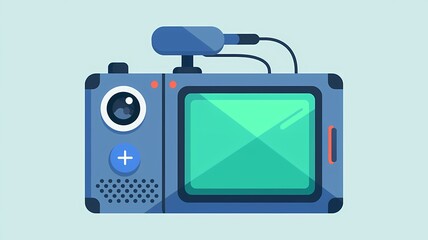 Flat-Style Illustration of a Digital Device with Green Screen, Camera, Microphone, Headphone Jack, and Blue Button on Light Grey Background