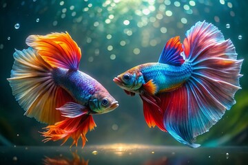 Fototapeta premium Two Elegant Betta Fish Engaged in a Stunning Underwater Display, Perfect for Aquatic Enthusiasts and Nature Lovers Seeking Serene and Colorful Imagery