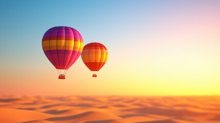 Fototapeta premium Hot air balloons float gracefully over golden desert at sunset, creating serene and picturesque scene