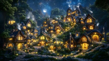 Enchanting night scene of whimsical homes in a lush, fairy-tale woodland.