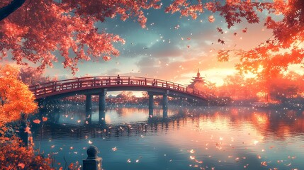 Serene autumn sunset over a bridge surrounded by vibrant foliage and reflections.