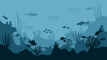 Landscape illustration of seabed with coral reefs and fishes