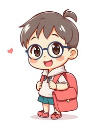 dessin d'un enfant souriant portant des lunettes qui va &agrave; l'&eacute;cole avec son sac scolaire