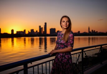 Woman in Floral Dress at Sunset Over City