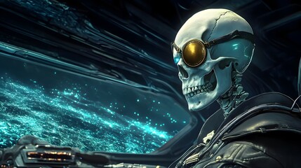 Fototapeta premium Mysterious Skeletal Pirate Captain Navigating Futuristic Bioluminescent Ship