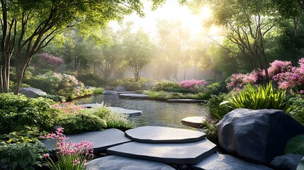 Fototapeta premium Serene garden landscape with stepping stones amidst vibrant flowers and lush greenery.