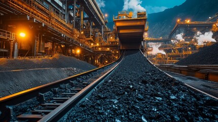 Obraz premium In the industrial environment, the conveyor belt transports coal efficiently, demonstrating the process of coal transportation in modern factories, with high-speed operation and optimized workflow